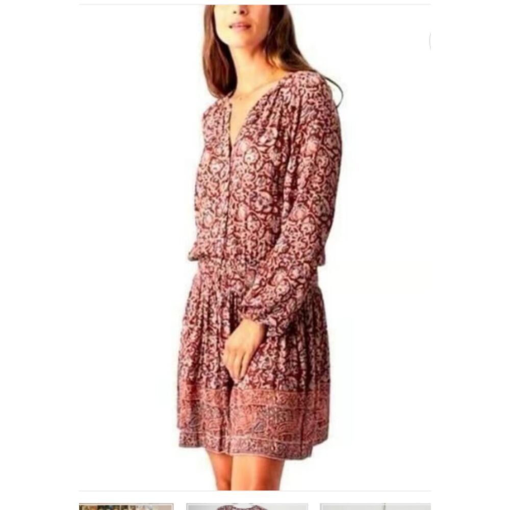FAHERTY Montara Merlot Bordeaux Floral Batik Boho Chic Mini Dress Sz S